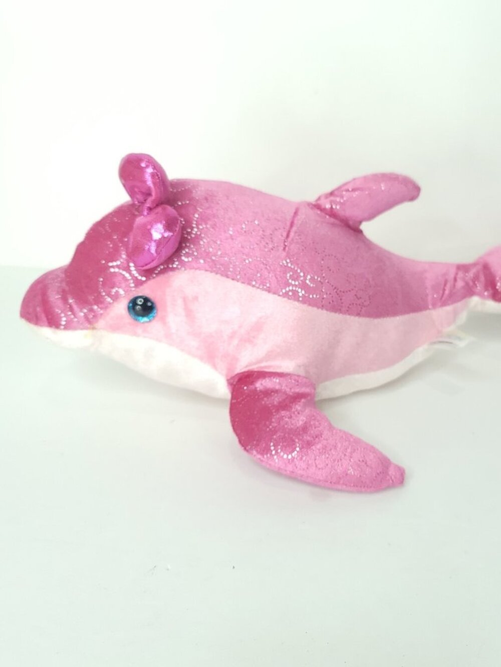Dolphin Destination Nation Hot Pink Silver Water Design Bow Plush Stuffed 16" L